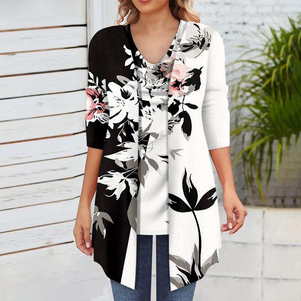Women's Casual Printed Set Cardigan Large Swing Neck Ruffle Collar 3/4 Sleeve Cardigan Two-piece Set
