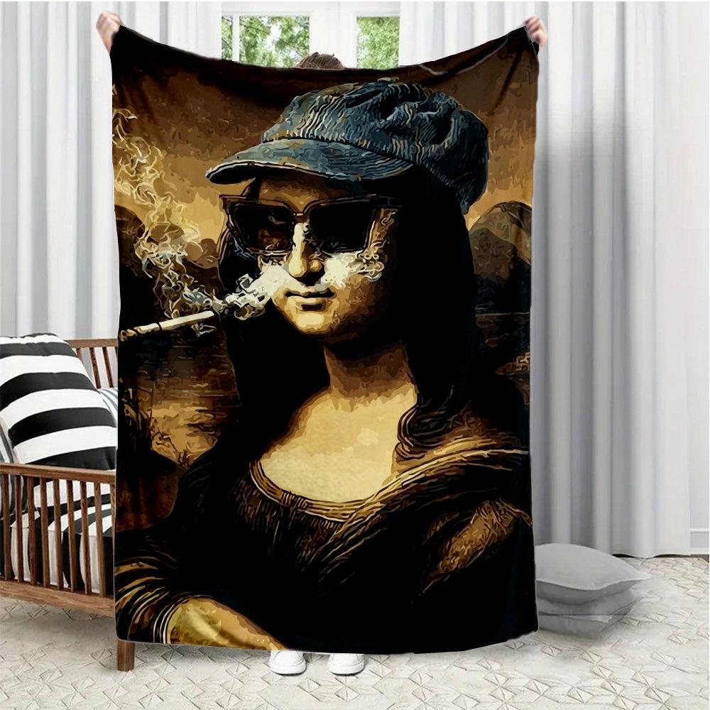

Interesting Mona Lisa pattern Flannel printed blanket suitable for all seasons suitable for living room office sofa and travel 75x100cm
