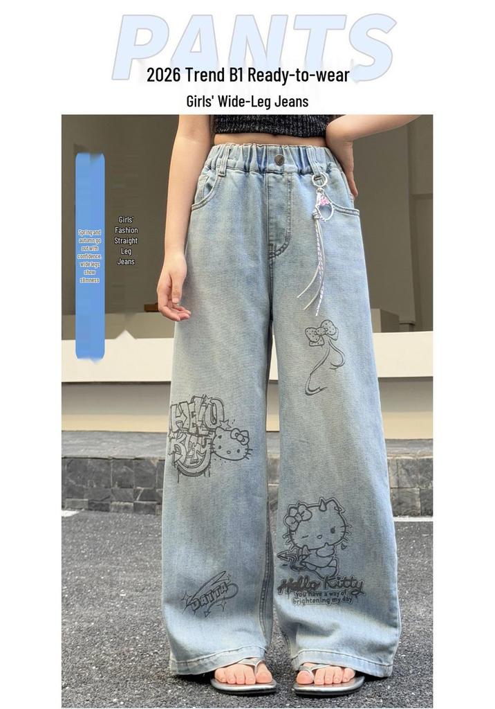 Girls' Retro Blue Graffiti Wide-Leg Jeans: Hand-Painted Loose-Fit Casual Pants