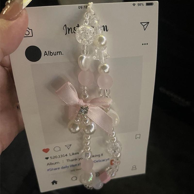 1Pcs Korean Lovely Pink Bowknot White Beaded Phone DYM Charm Lanyard For iPhone Samsung Universal Accessories Jewelry Pendant