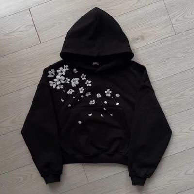 2026 Bluza Streetwear Męska Damska Haft z Kwiatami Wiśni Luźny Krój Ciepła Bawełniana Mieszanka z Podszewką z Polar
