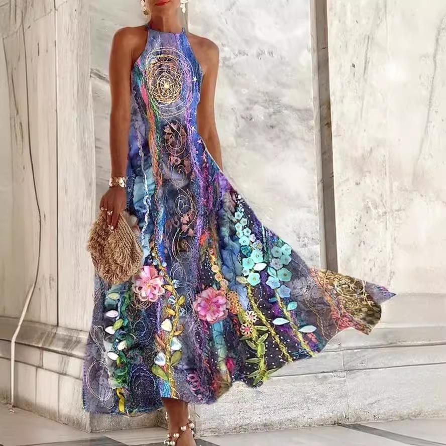 Women's Summer Sleeveless Print Slim Fit Midi Dress