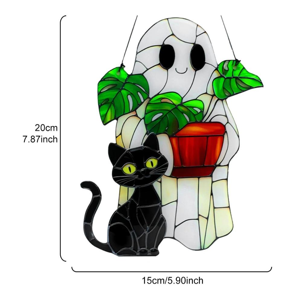 

1pc Cute Halloween Ghost Hanging Decor Acrylic Black Cat & Potted Plant Decortive Sun Catchers Window Ornament, Four Seasons Decoration 15*20cm
