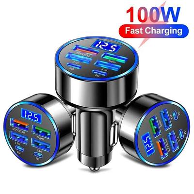 Cargador de coche USB de 6 puertos 4 USB + 2 PD Carga rápida PD QC3.0 USB C Cargador de teléfono para coche Adaptador tipo C para iPhone Samsung Huawei con pantalla de voltaje