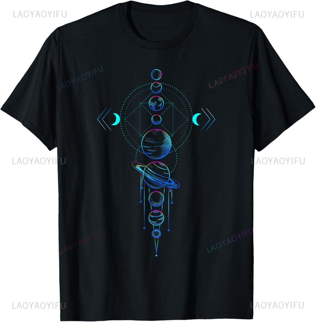 Sacred Geometry T-Shirt - Solar System Planets Shirt Custom Printed Graphic T Shirts Mens Clothing Streetwear Casual Camisas