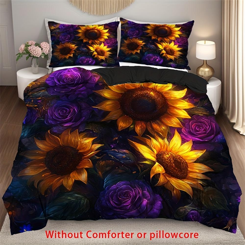 

2/3pcs Sunflower And Purple Rose Duvet Cover Set (1 Duvet Cover + 1/2 Pillowcase, Without Core), Retro Oil Painting Style Flower (135x200cm)