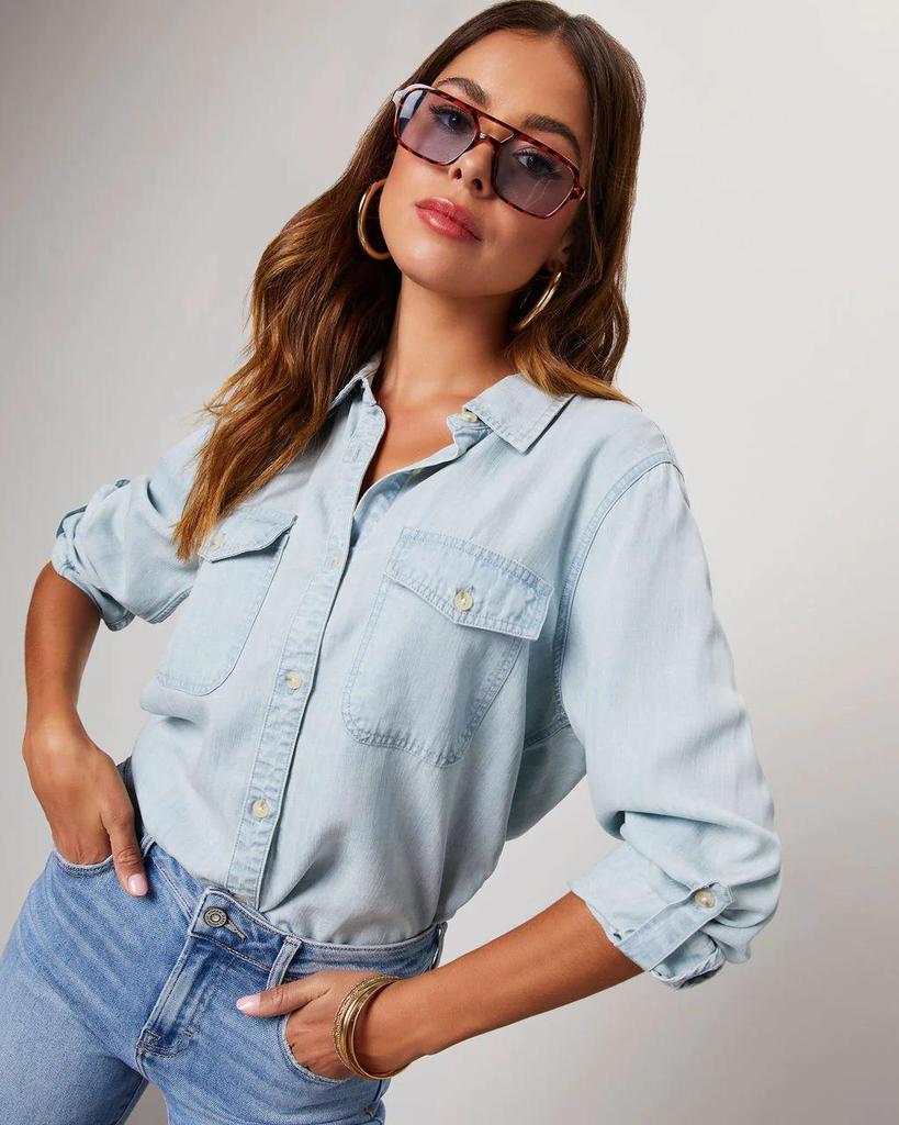 Simple Versatile White Denim Long Sleeve Casual Shirt for Women
