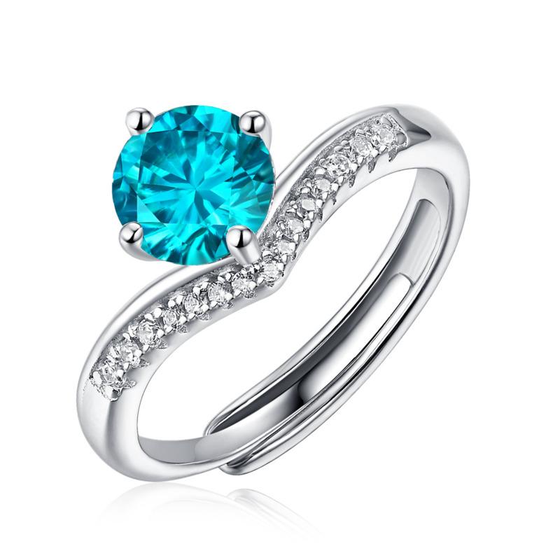 Bague Ringen S925 Silver Set 1ct Moissanite Luxury Round Bag Color Women's Six-prong Pink Adjustable Opening Ring