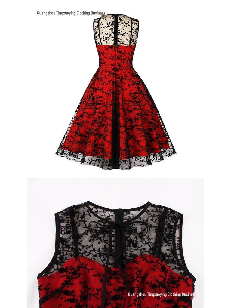 Women's Christmas Mesh Embroidered Midi Dress with Waist-Cinching and Sleeveless Design