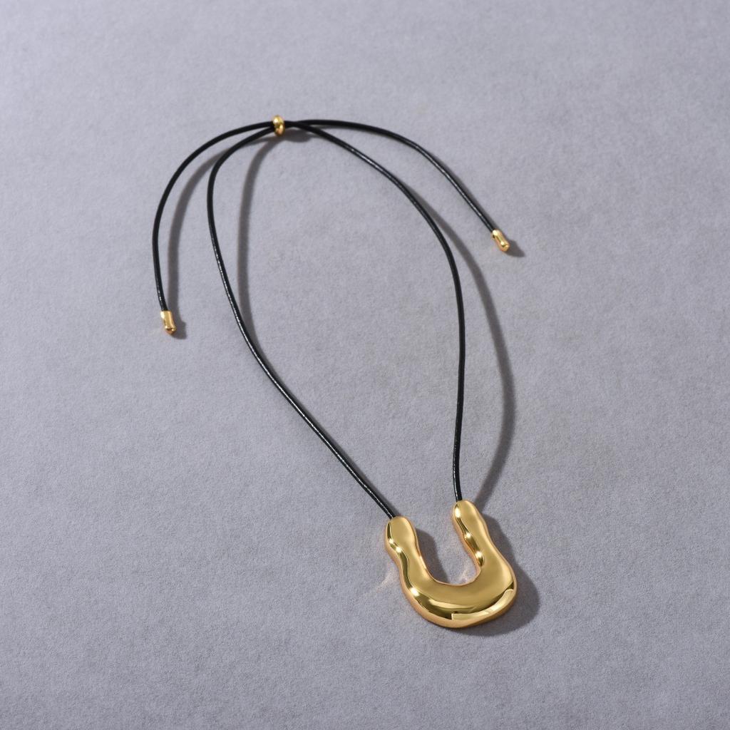Metal Irregular Drip Glaze Pendant U-Shaped Long Black Leather Rope Sweater Chain Simple Wind Versatile Necklace
