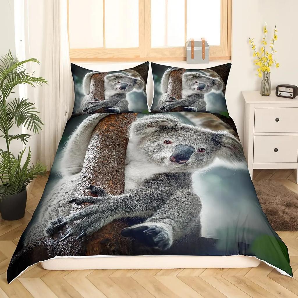 Koala-Bettwäsche-Set für Kinder, niedliches Tiermuster, Jungen und Mädchen, Regenbogen-Schmetterlings-Bettbezug, Blumenmuster