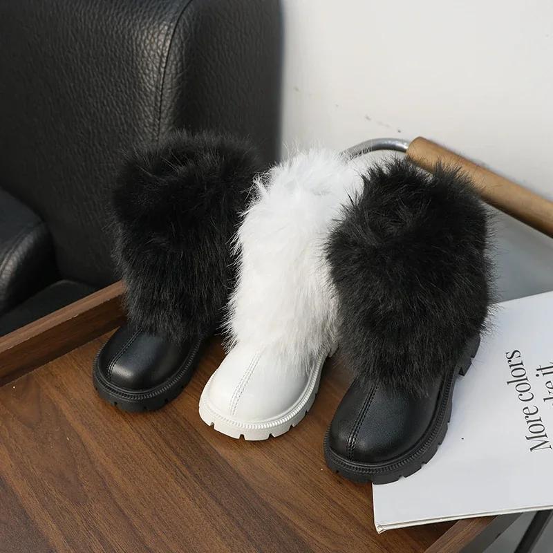 Winter Mädchen Schneestiefel Weich Pelzig Haarig Kinderstiefel Schwarz Weiß Vielseitig Kinder Freizeit Lange Stiefel Warm Plüsch Reißverschluss