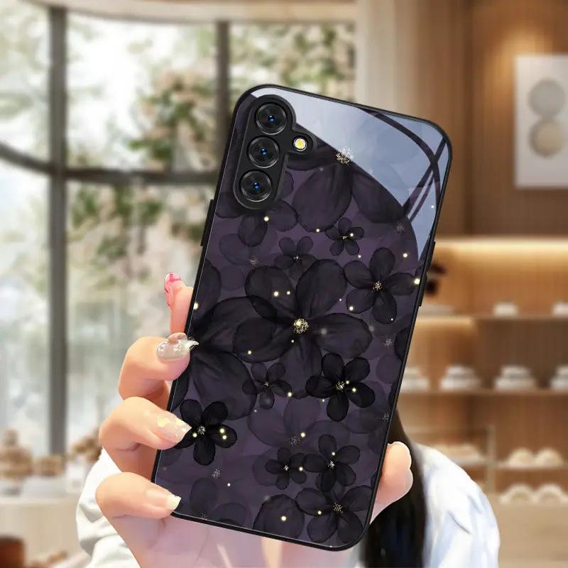 Premium Black Yarn Flower Samsung S24 Extreme Edition Glass Case Galaxy S23plus Phone Case Case