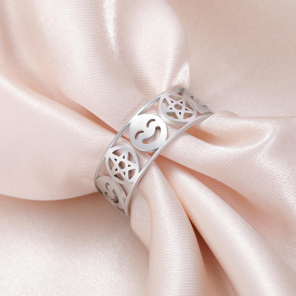 Lemegeton Pentagram Smile Symbol Rings Stainless Steel Fashion Geometric Rings for Women Men Good Lucky Jewelry Gift Wholesale