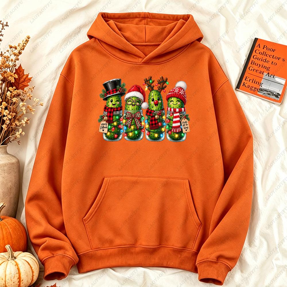 Christmas Pickle Family Funny Pickle Jar Xmas Graphic Hoodie Women Casual Long Sleeve Pullover Humorous Winter Clothes Women