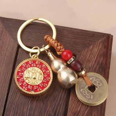 Twelve Zodiac Blessings Rotating Keychain Pendant Necklace with Braided Rope