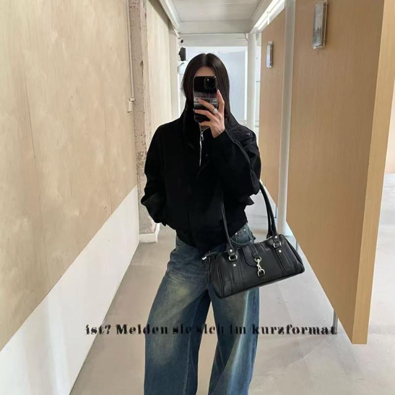 Retro Lock Shoulder Bag, Large Capacity Bost Underarm Bag Women's Fashi Versatile Handbag Solid Color Simple Commuter Bag