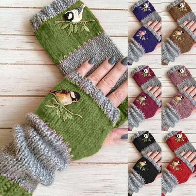 Elegante Frauen Vögel Stickerei Handschuhe Gestrickte Fingerlose Handschuhe