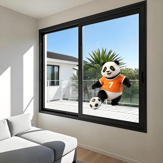 Football Panda Design Window Sticker, No Glue Residue Glass Decal for Living Room Bedroom Entrance Hall Home Decor