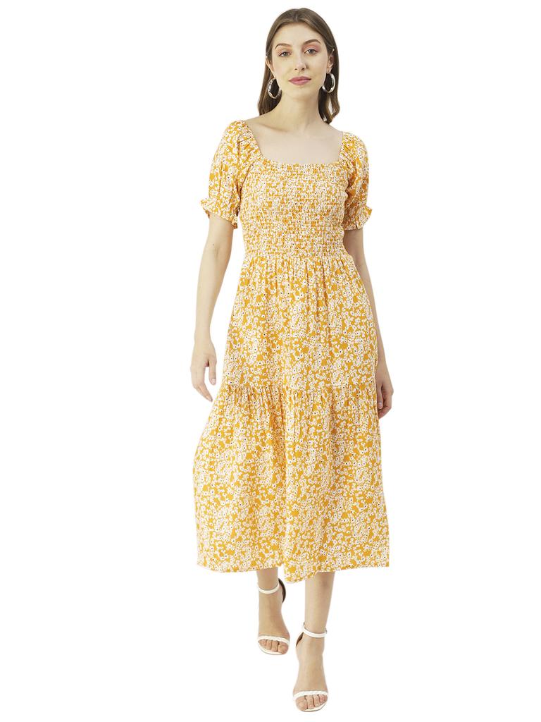 Moomaya Printed Viscose Rayon Summer Dress, Square Neck Smocked Long Dress