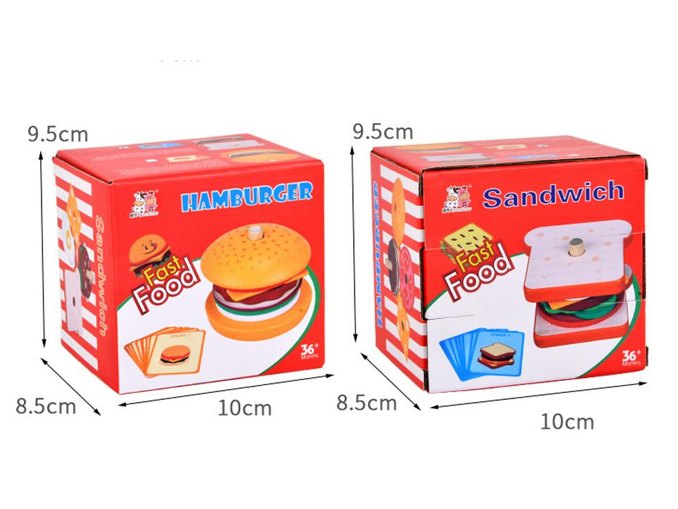 Wooden Play Food Set: French Fries, Hamburger, Bread & Pizza for Kids' Educational Role Play