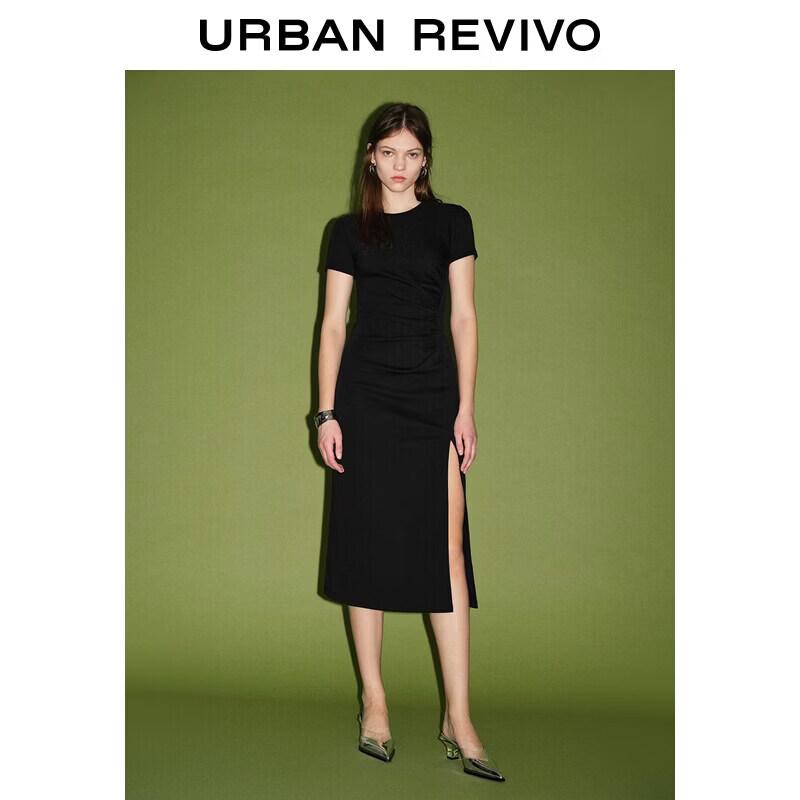 UR2026 Women s Pleated Slit Round Neck Slim Dress XS
