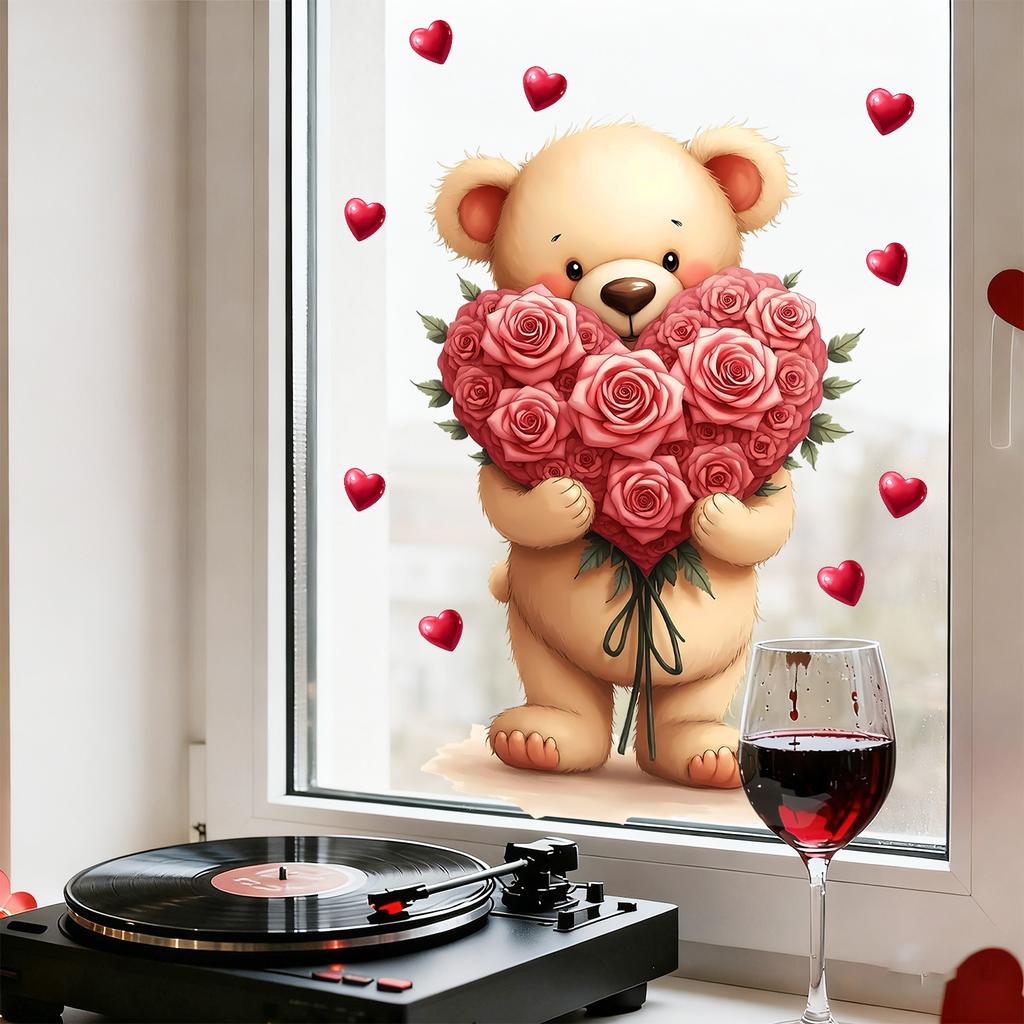 Cartoon Cute Teddy Bear with Roses and Hearts Static Cling Window Stickers No Glue for Bedroom Living Room Study Decor