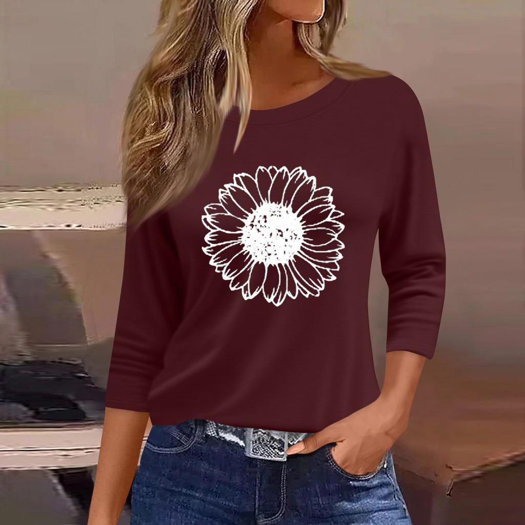 Women's Fashion Casual Round Neck 3/4 Sleeve Loose  Printed T-Shirt Ladies Top