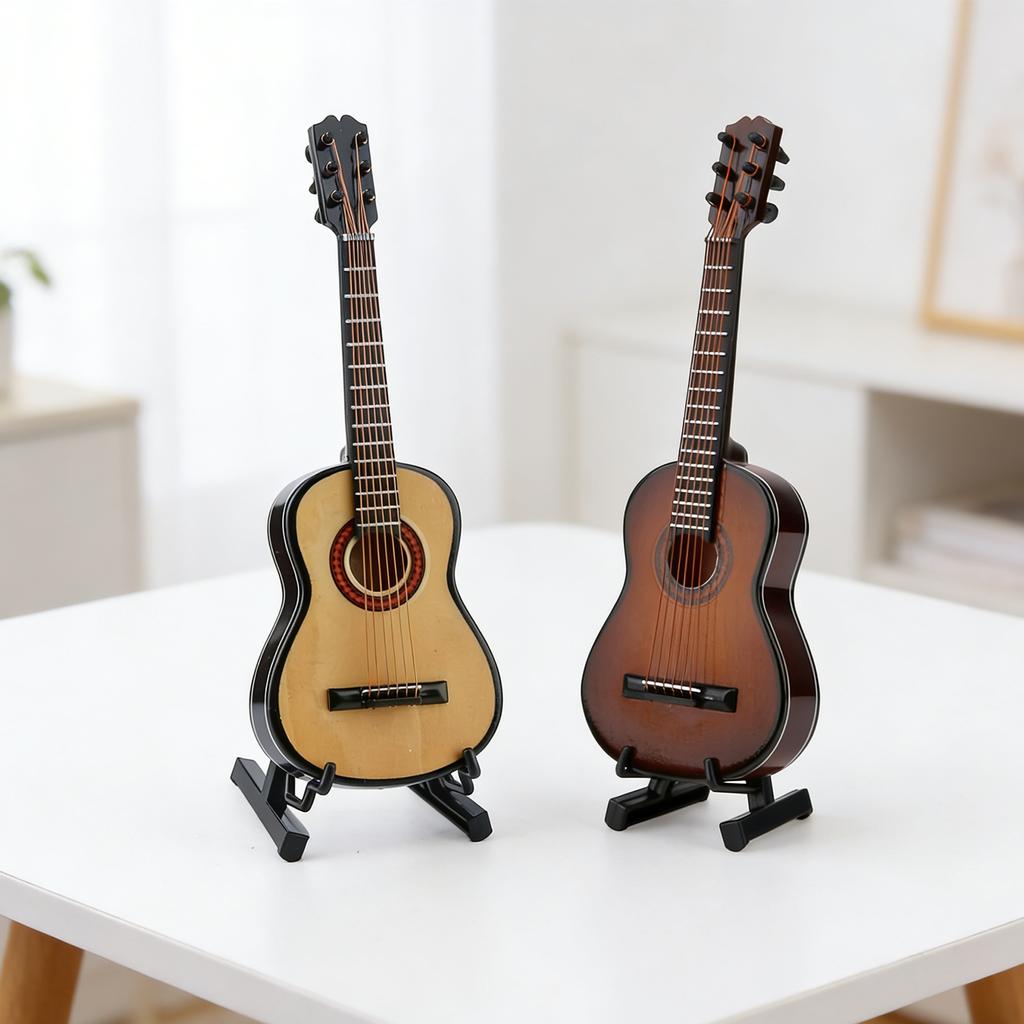 2pcs Mini Guitar Ornament with Stand 15cm Mini 6 Strings Classic Guitar Home Music Studio Desk Shelf Decoration