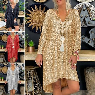 V-Neck Long Sleeve High-low Hem Autumn Dress Shiny Sequins Plus Size Casual Dress Female Clothing