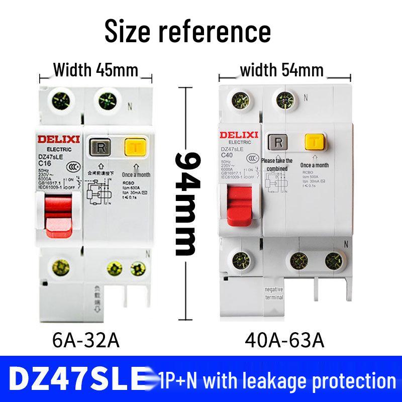 Delixi DZ47SLE Single Phase Type D Earth Leakage Circuit Breaker with Protector 1P+N Air Switch