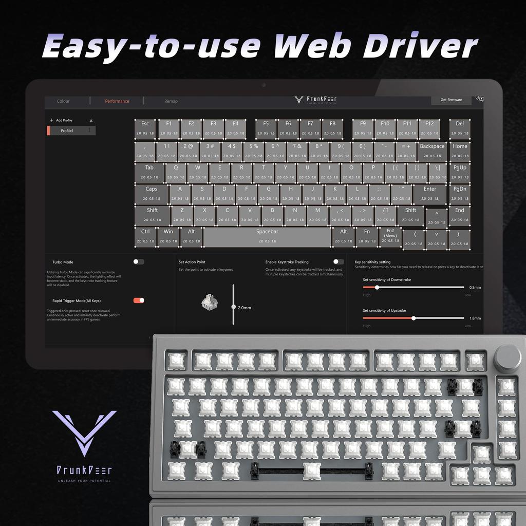 DrunkDeer A75 Rapid Trigger Mechanische Tastatur Aluminiumgehäuse TKL Magnetischer Schalter Kompakt 82 Tasten Kabelgebunden RGB Ohne Tastenkappen mit Drehknöpfen Space Grau