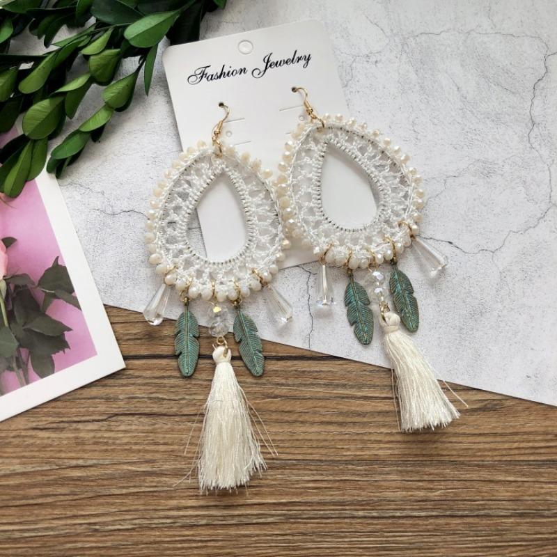 Bohemian crystal dream catcher net element feather earrings women's retro exaggerated temperament long fringed vacation earrings