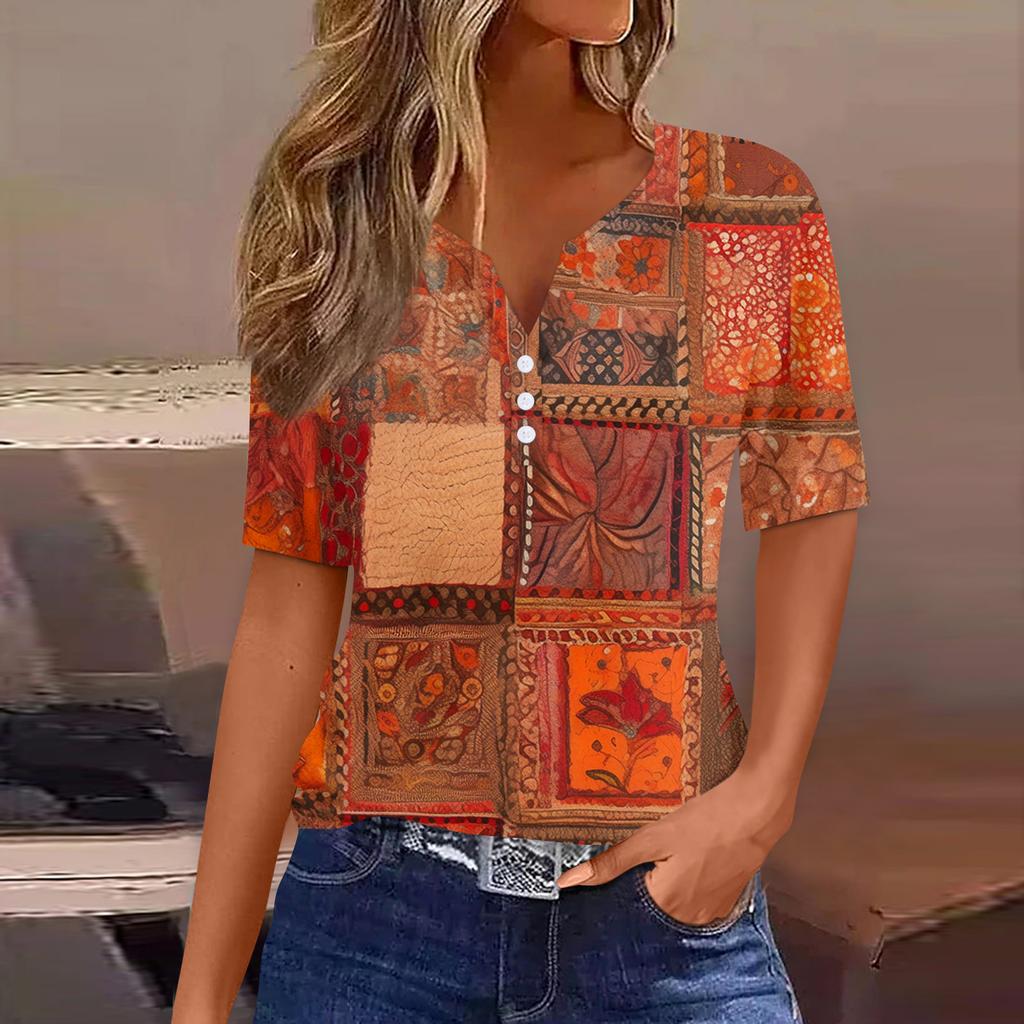 Women's T Shirt Print Button Short Sleeve Daily Weekend Fashion Basic V-Neck Regular Top