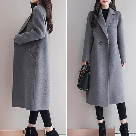 Women Autumn Winter Solid Color Woolen Coat Lapel Long Sleeve Two Buttons Pockets Mid-length Woolen Cardigan Outwear