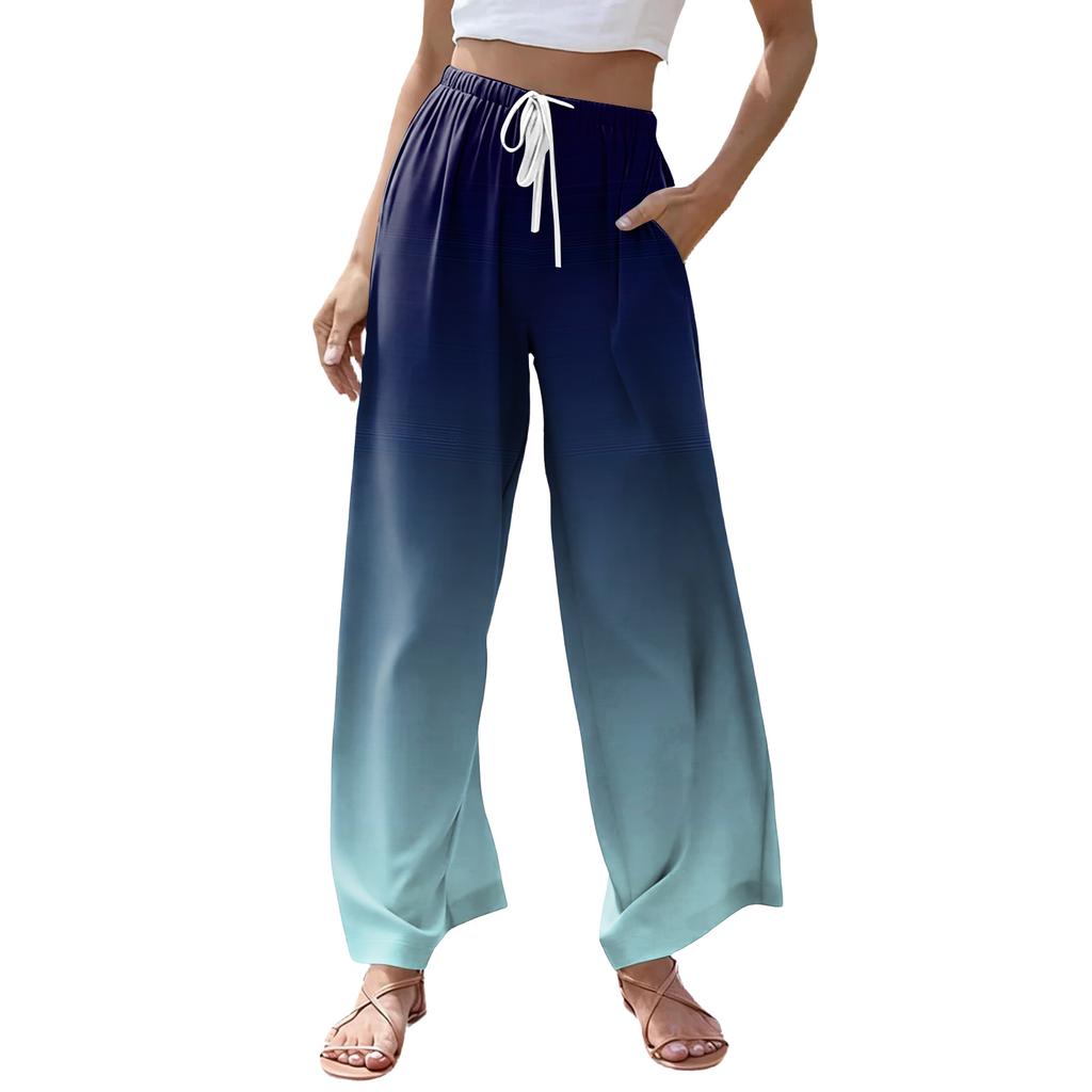 Women's Casual Gradient Print Wide Leg Drawstring Pocket Beach Casual Pants