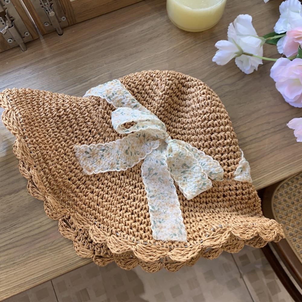 Big Brim Lace Straw Hat Spring Summer Women's Sun Hat Elegant Bow Ribbon Straw Hat  Lady