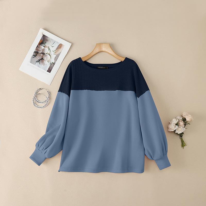 ZANZEA Women Casual Round Neck Loose Long Sleeve Patchwork Blouse