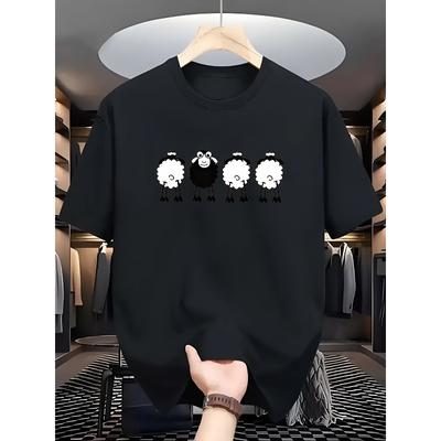 European Sizes Men's Casual Summer T-Shirt with Cute Sheep Print - Soft Breathable Fabric, Ribbed Collar & Regular Fit for Casual Attire