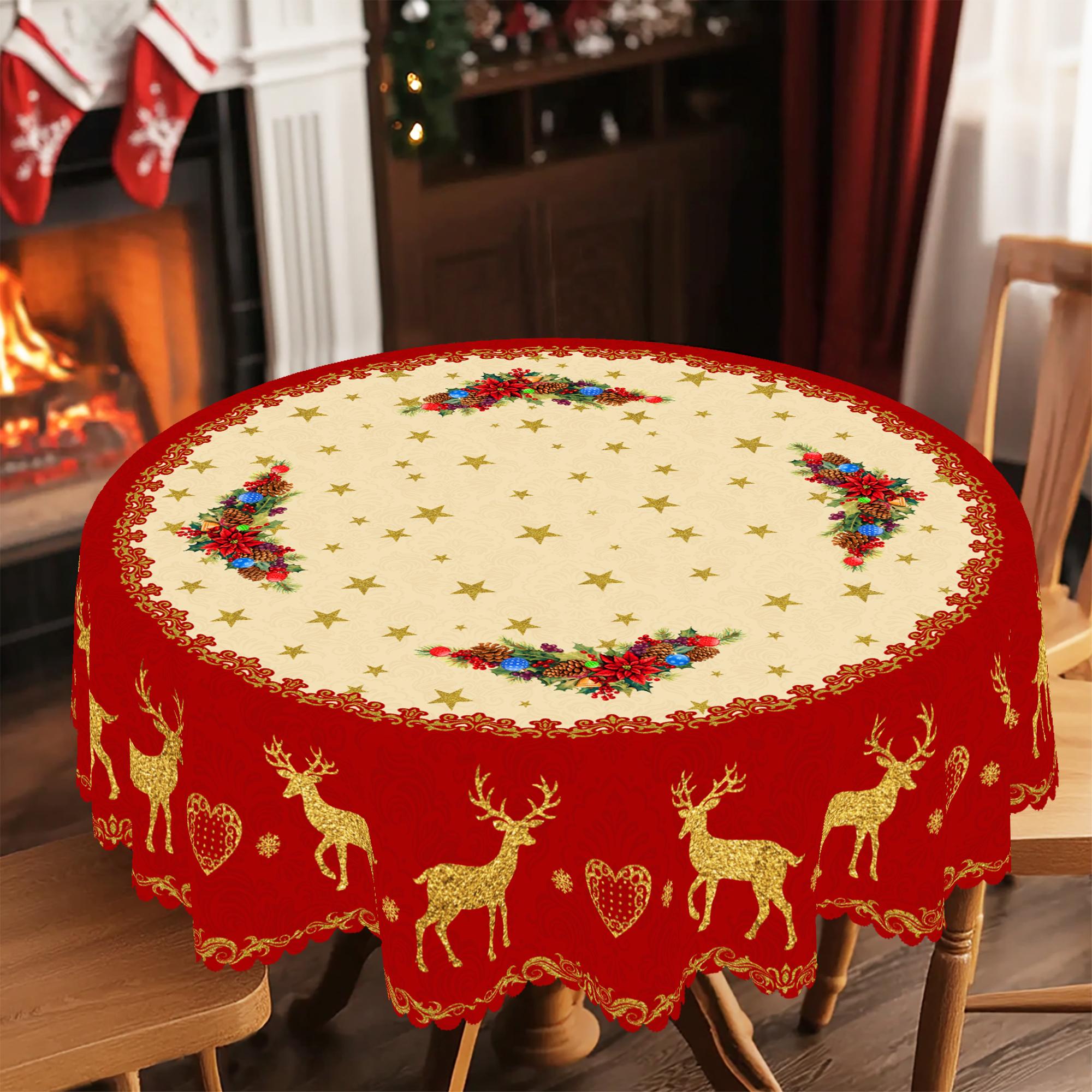 

1 Piece Of Christmas Round And Rectangular Tablecloth, Available In Various Sizes, Christmas Snowman, Bow, And Reindeer Pattern Red Tablecloth, Suitab Round (152)Cm