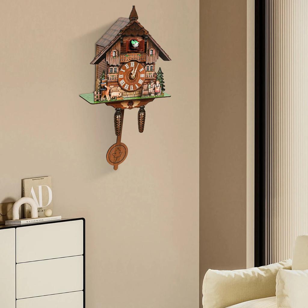 Wooden Cuckoo Clock Multi-Colored Decor,Modern House-Shaped Wall Clock for Home & Office - Battery Powered,Auto-Chime 7:00-21:00