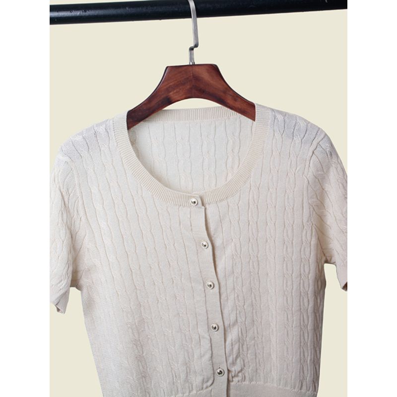 Linen Low round Neck Classic Style Short Sleeve Cardigan Summer Cable Stitch Texture Pure Color Refreshing Elegant Simple Knitwear