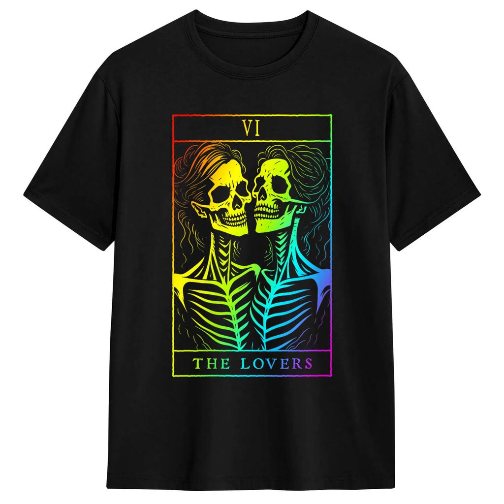 Unisex Tarot Card The Lovers Goth Skeleton Halloween Occult Tshirts Cotton Clothes Beach Y2k Funny Short Sleeve Tshirt O Neck Tee