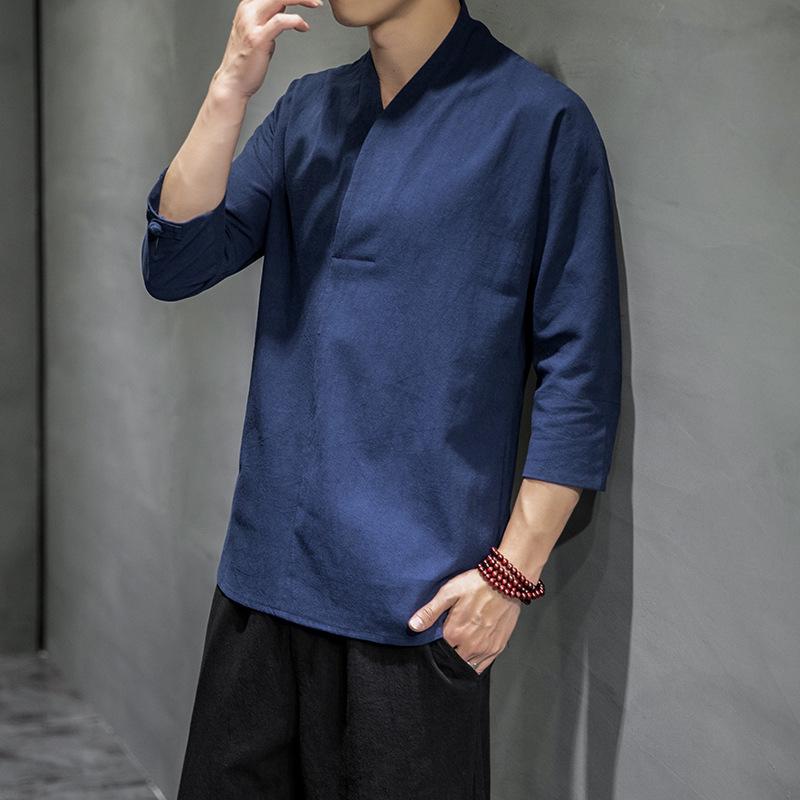 2025 Men's Retro Cotton Linen T-Shirt – Chinese & Japanese Style, Short & Seven-Sleeve, Plus Size, Solid Color