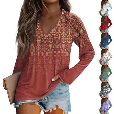 Moda feminina solta camiseta decote em V manga longa vintage floral impressão casual top