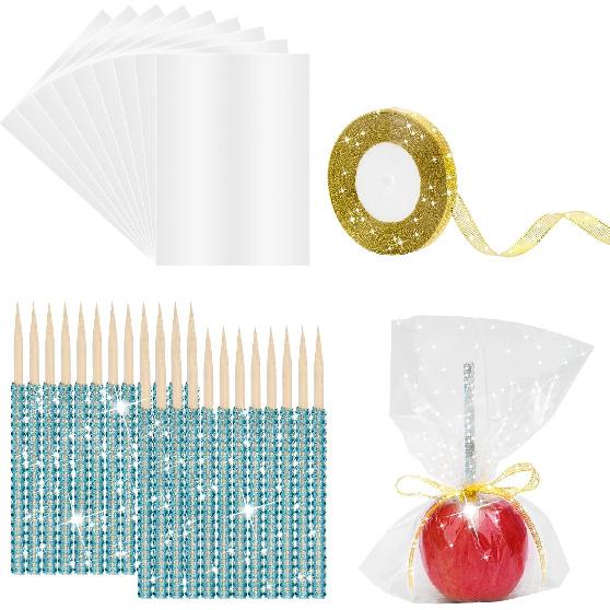Glitter Candy Apple Sticks and Bags, 24P Bling Sticks with 30p Candy Bags & 1 Roll 25yd Glitter Ribbon, Caramel Apple Wooden Bling Pointed Skewers baby голубой