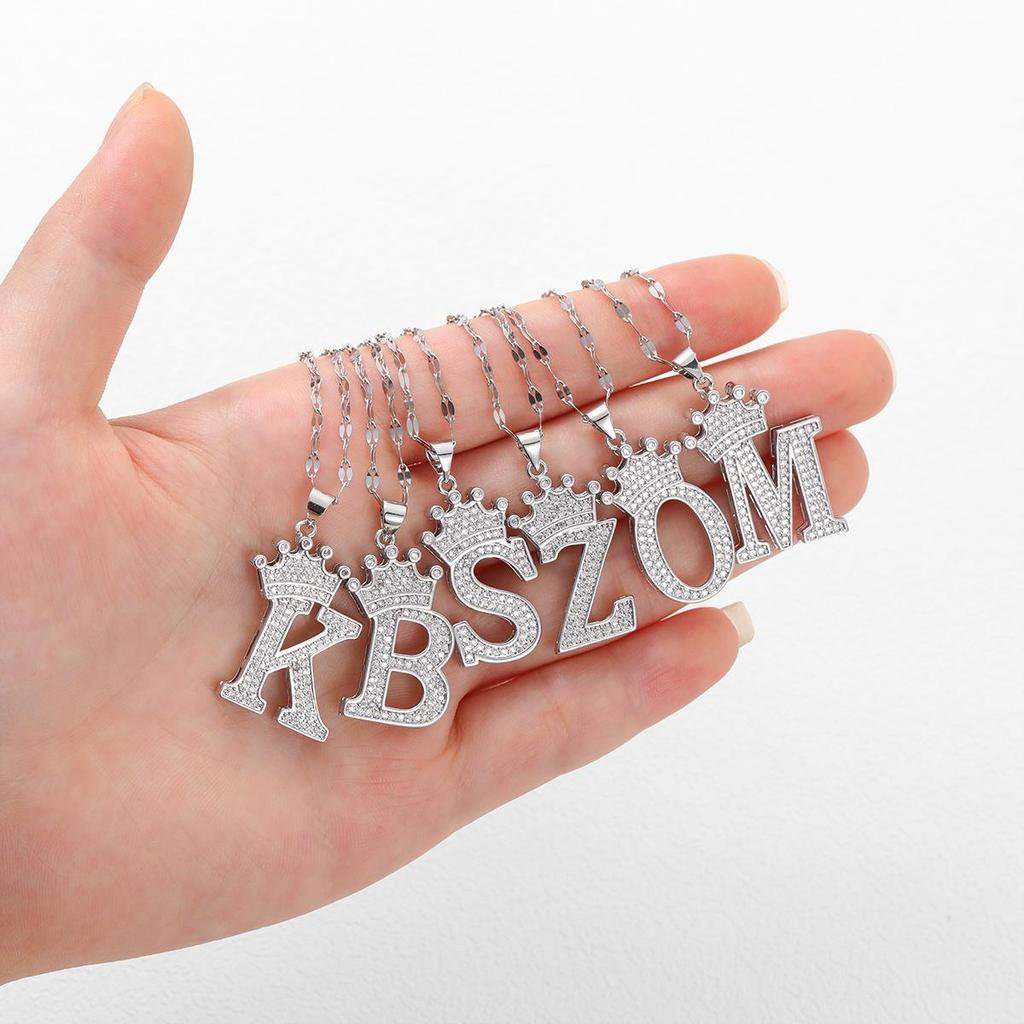 Copper Micro-Inlaid Zircon Crown Letter Pendant Necklace - Hip-Hop Silver Fashion