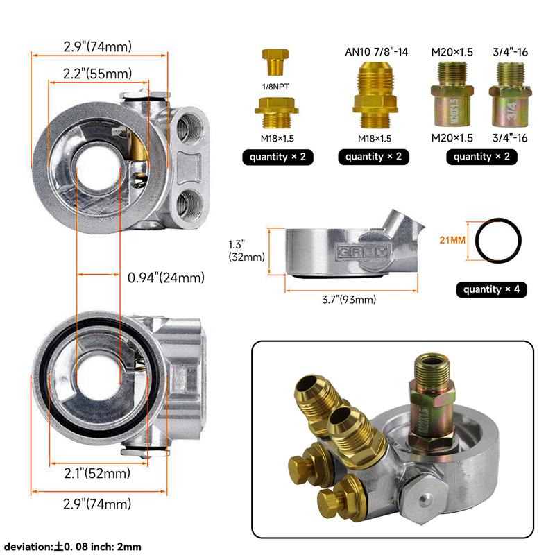 AN10 Ölfilter Universeller Kühler Sandwichplatte Blockadapter Thermostat 3/4" -16UNF & M20*1.5 Und 1/8"NPT Aluminium Silber