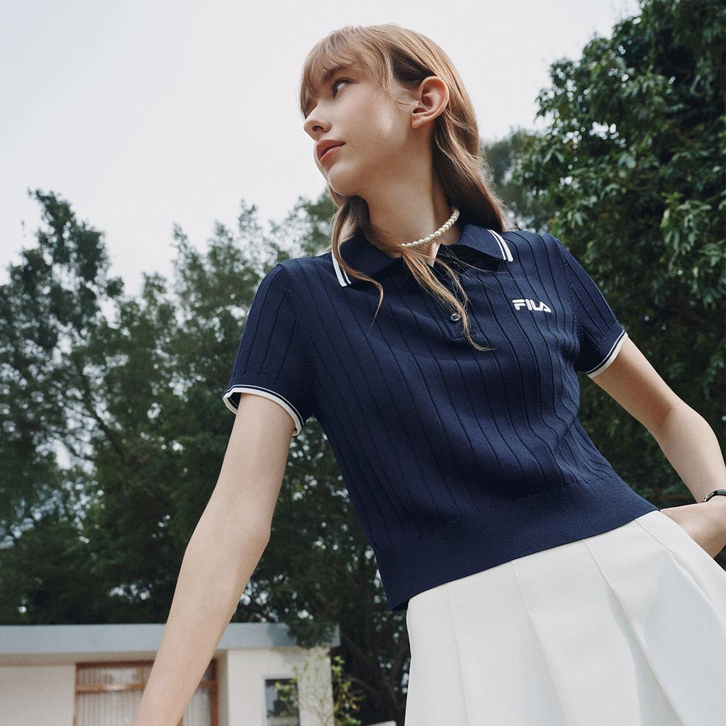 Fila Original Fashion Simple Classic Retro Casual Elegant Versatile Comfortable Woven Short Sleeve Polo Knit Top Women Tops Starry-Blue F51W629401FNV