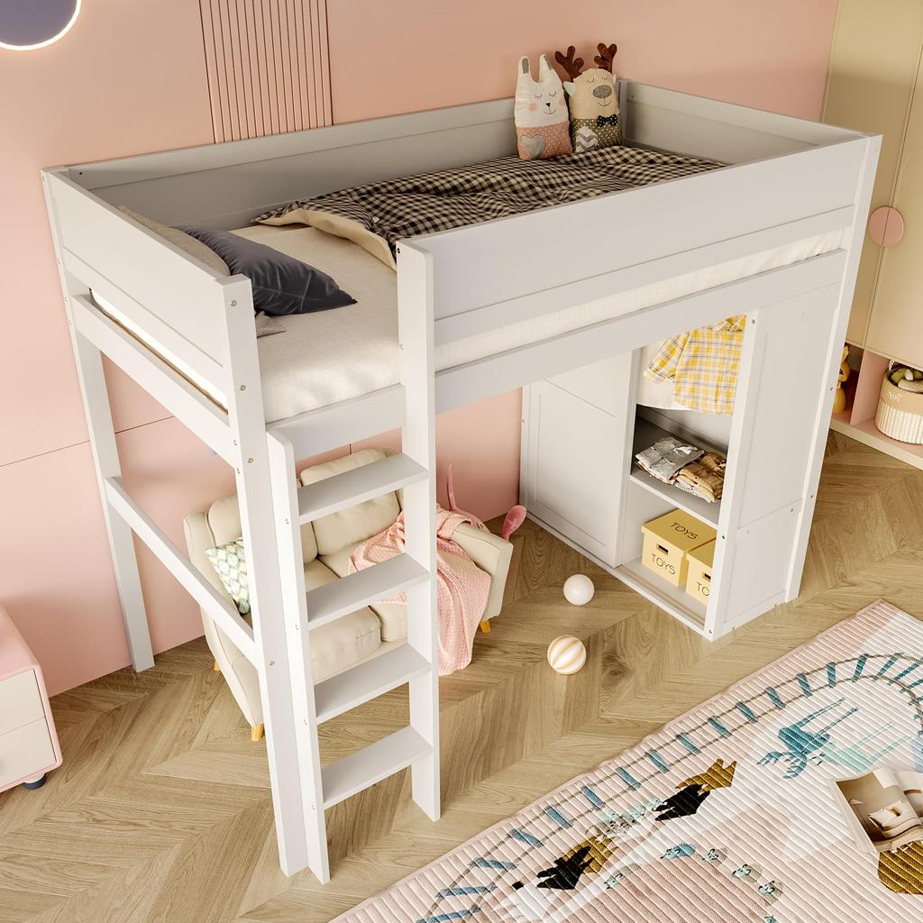 Children's Bed Loft Bed 90x200 Cm Wardrobe Storage Compartment Open Underbed Space Pine Wood Bed Frame Slat Base White